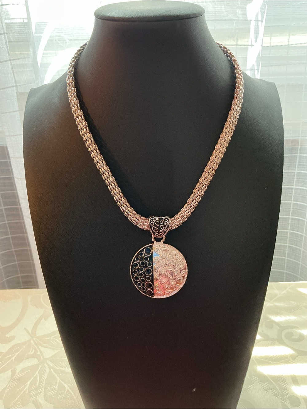 Black Enamel Split Paisley Medallion Silver Tone Pendant Necklace